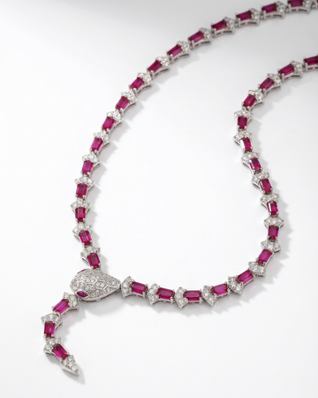 Statement Snake Necklace in Pave Simulated Diamond and Simulated Ruby in Brass 17" and Extender