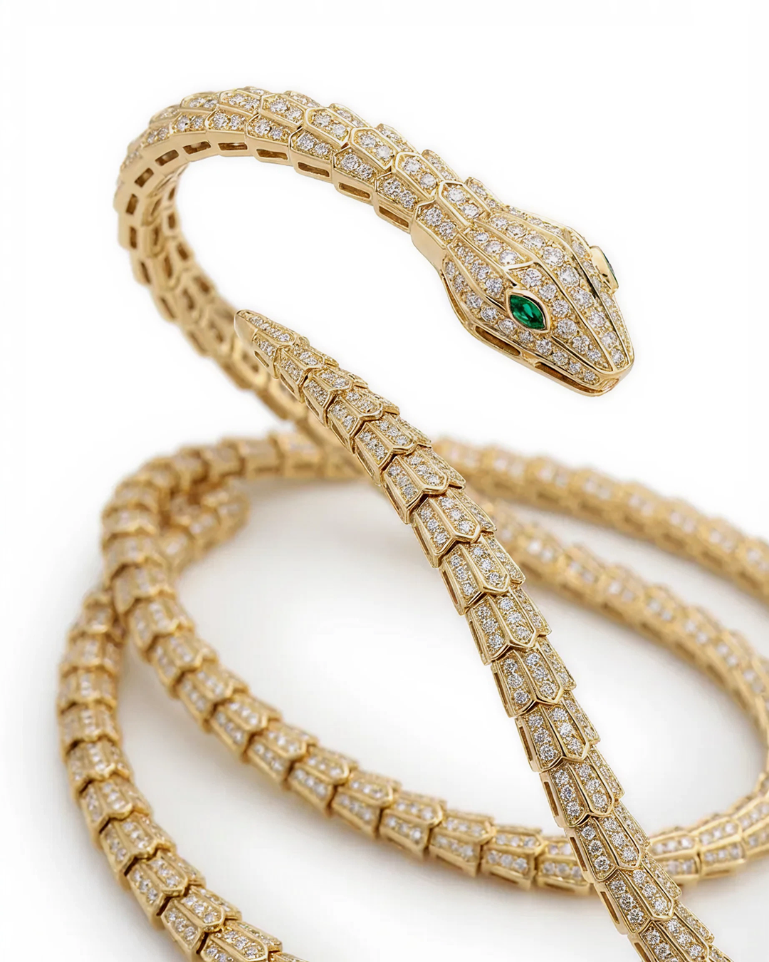 Designer Statement Snake Wrap Necklace with pave Diamond in Yellow Gold plating over Brass 36"