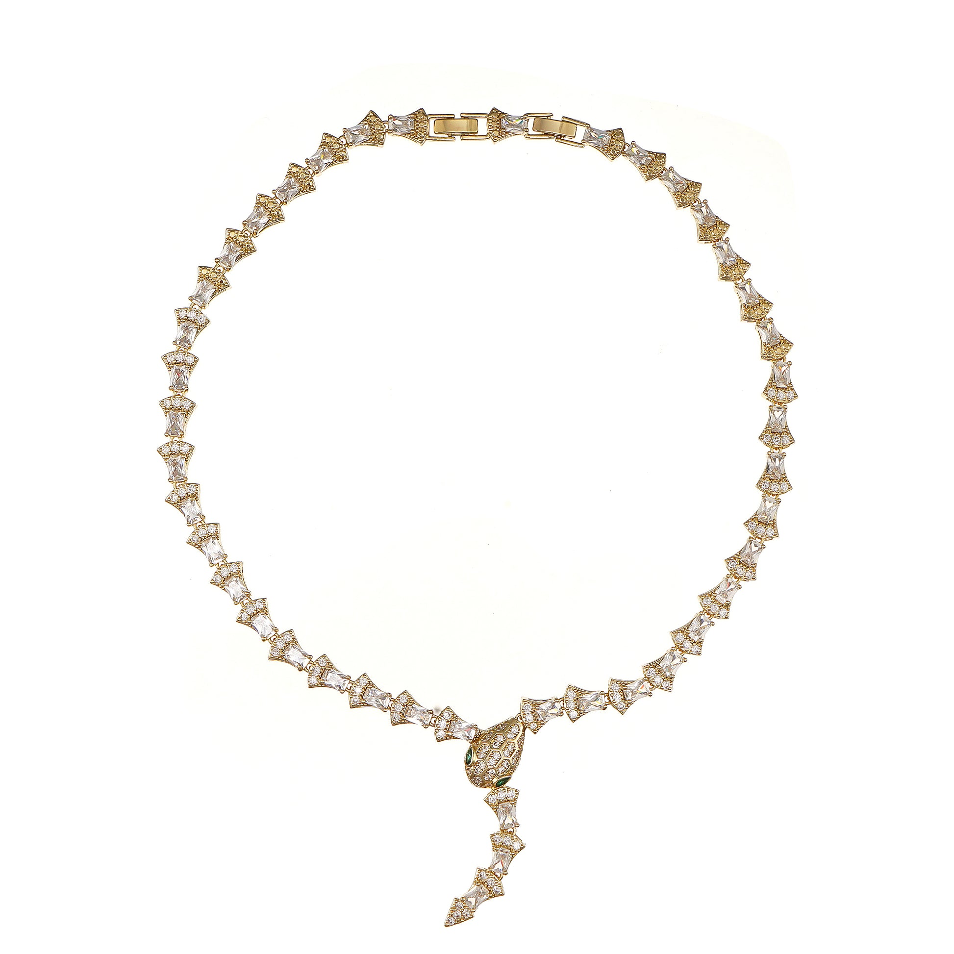 Statement Snake Necklace in Pave Simulated Diamond in Yellow Gold Over Brass 17"and Extender- Stars and Vogue