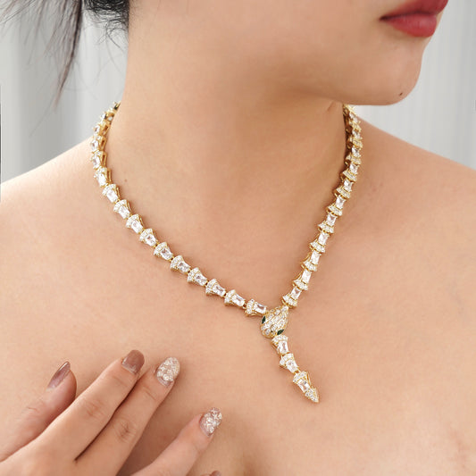 Statement Snake Necklace on Model in Pave Simulated Diamond in Yellow Gold Over Brass 17"and Extender- Stars and Vogue
