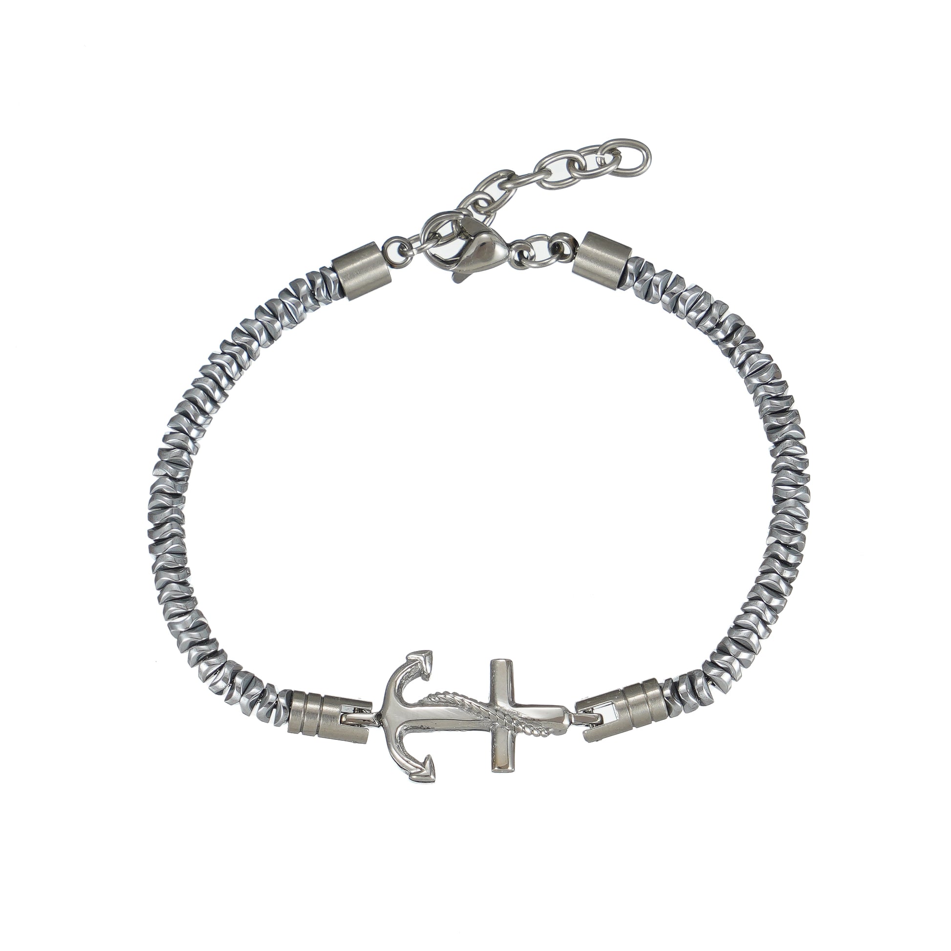 Bracelet with silver anchor charm and gray beads on a white background