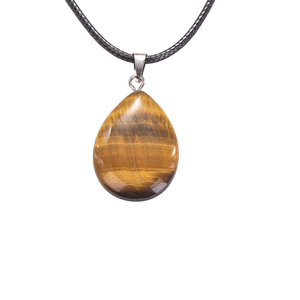 Tiger's eye pendant on a black cord against a white background