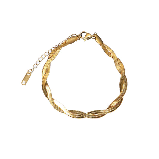 Twisted double layered Herringbone Chain Bracelet 7 inch with 2 inch extender in Yellow Gold IP 316 Surgical Stainless Steel
