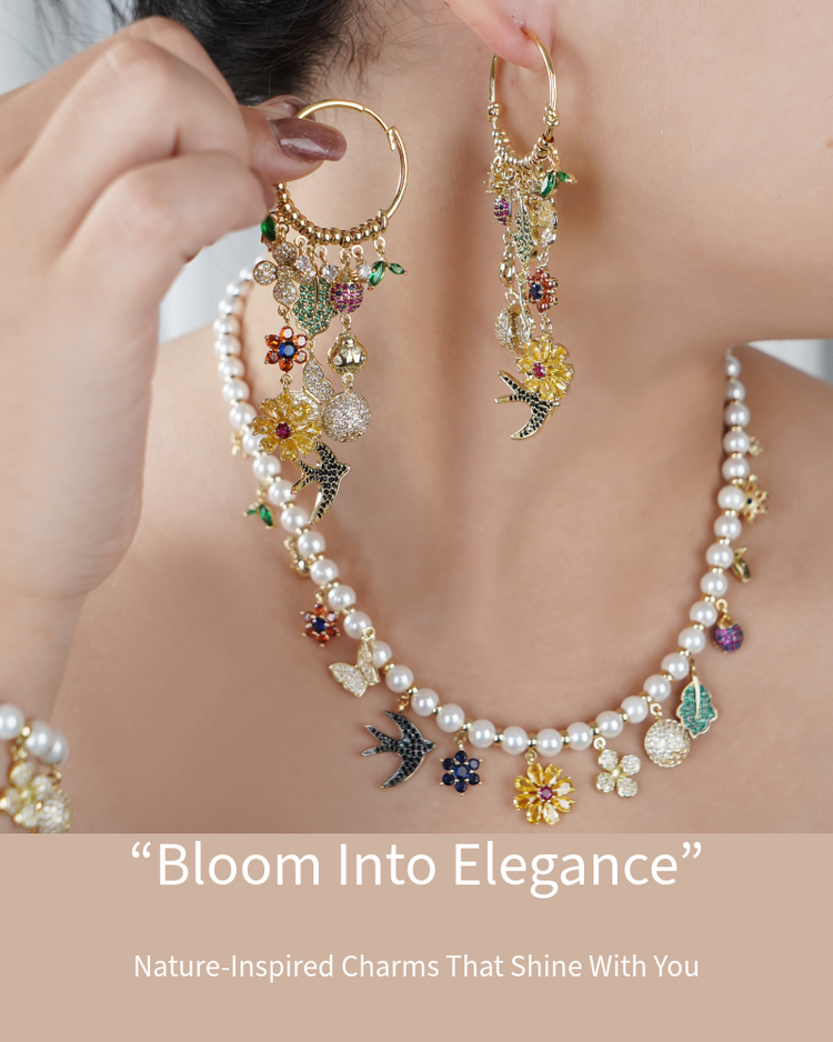 Pearl necklace with nature-inspired charms worn by a person, with text 'Bloom Into Elegance' and 'Nature-Inspired Charms That Shine With You'.