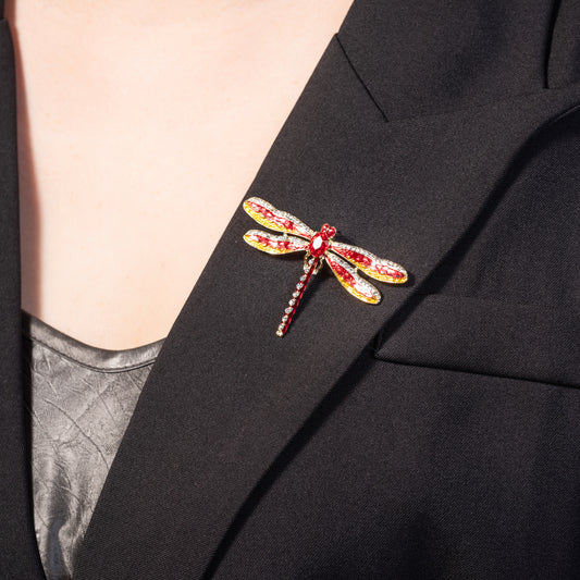 fiery red and orange enamel dragonfly brooch pin with crystal accents
