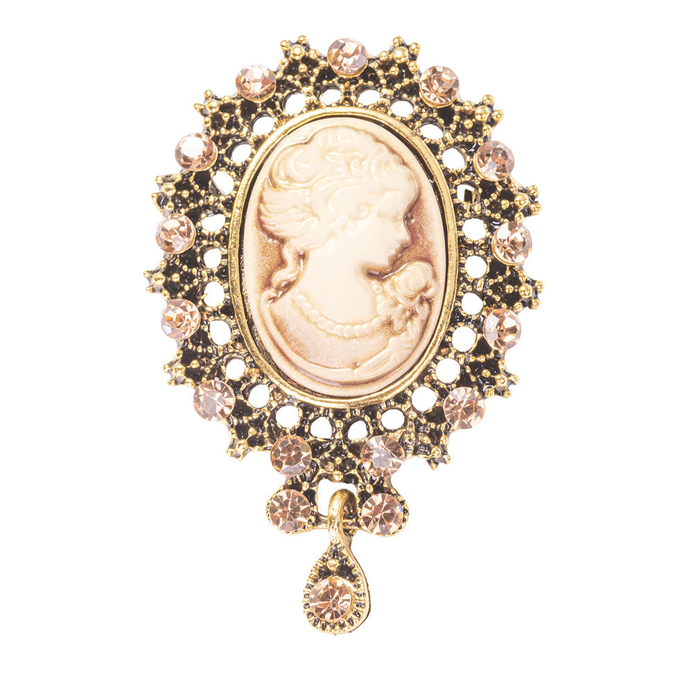 Victorian Style Vintage Golden Cameo Brooch Pin Jewelry With Crystal-Stars and Vogue