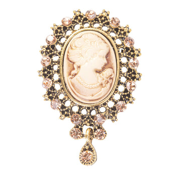 Victorian Style Vintage Golden Cameo Brooch Pin Jewelry With Crystal-Stars and Vogue