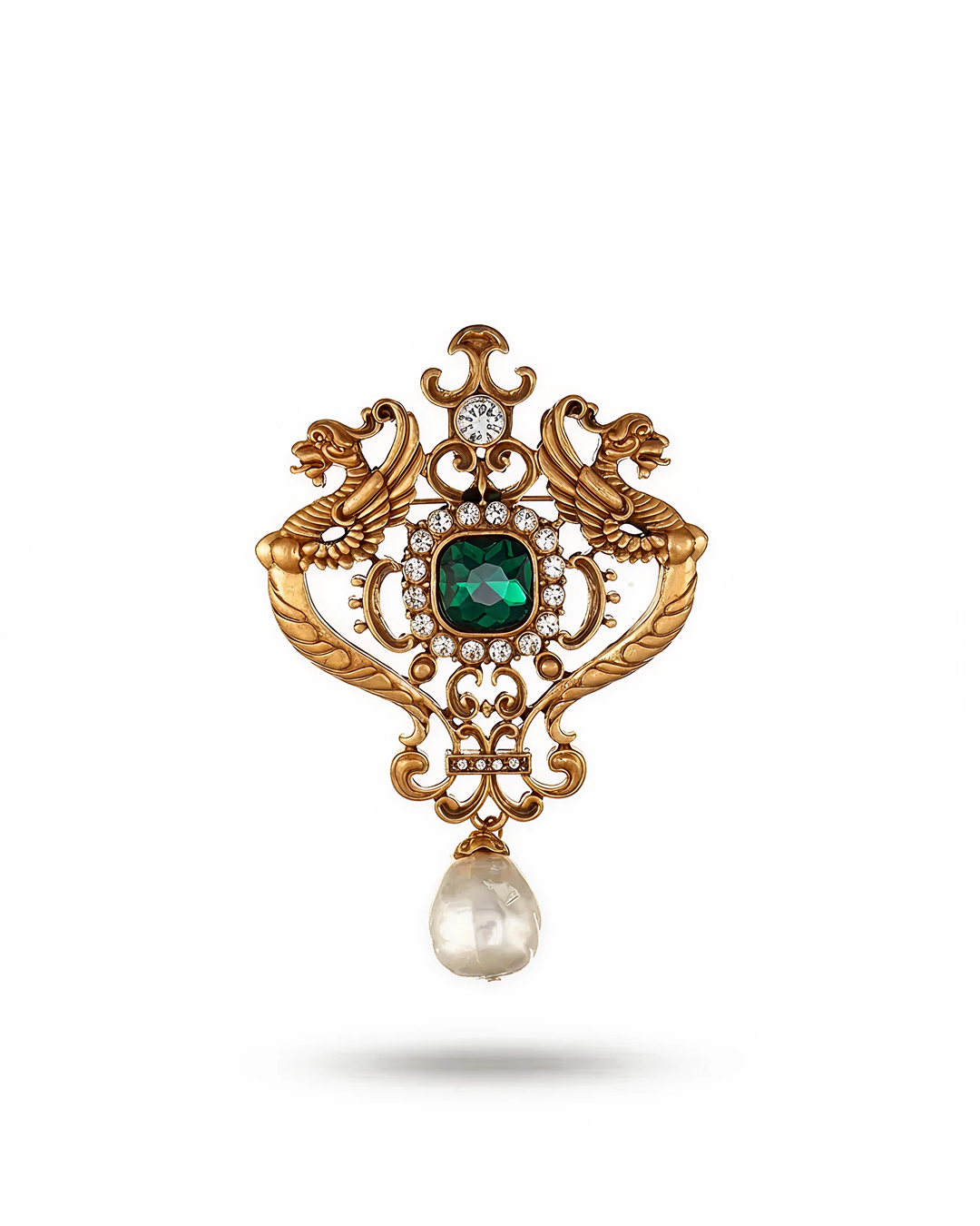 Vintage Inspired Double Dragon Brooch Pin Jewelry with Crystal and Pearl in Yellow Gold Over Brass 4.5"