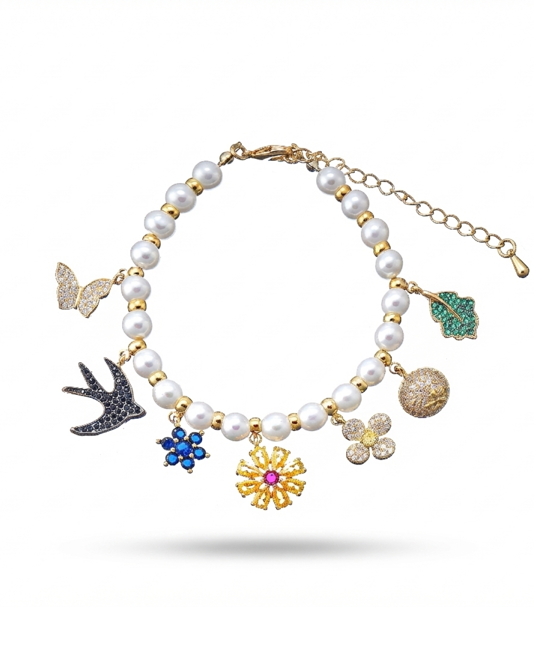 Pearl bracelet with floral and butterfly charms on white background-Stars and Vogue