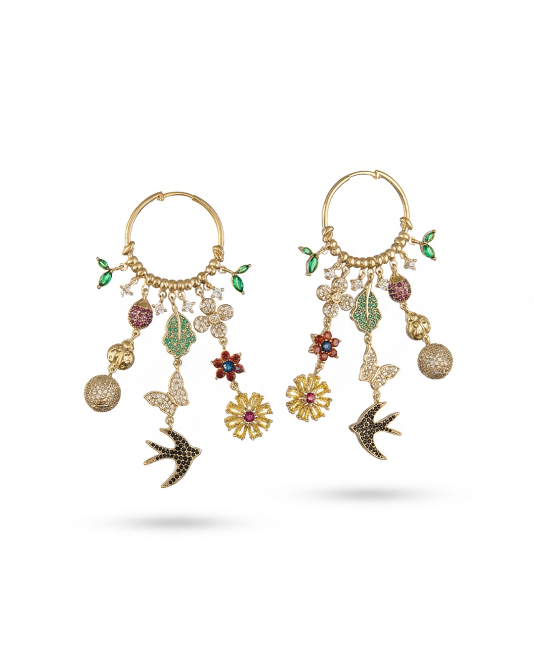 Whimsy Charm Statement Hoop Earrings in Pave Simulated Diamond and Multi Gemstone in Yellow Gold Over Brass-Stars and Vogue