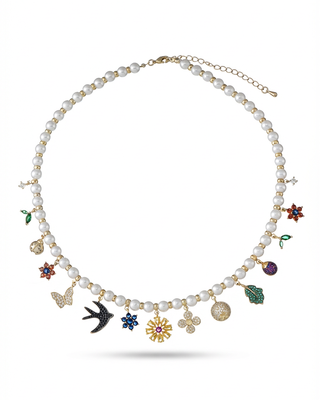 Necklace with Fresh Water Shell pearl  and various colorful charms on a white background-Stars and Vogue