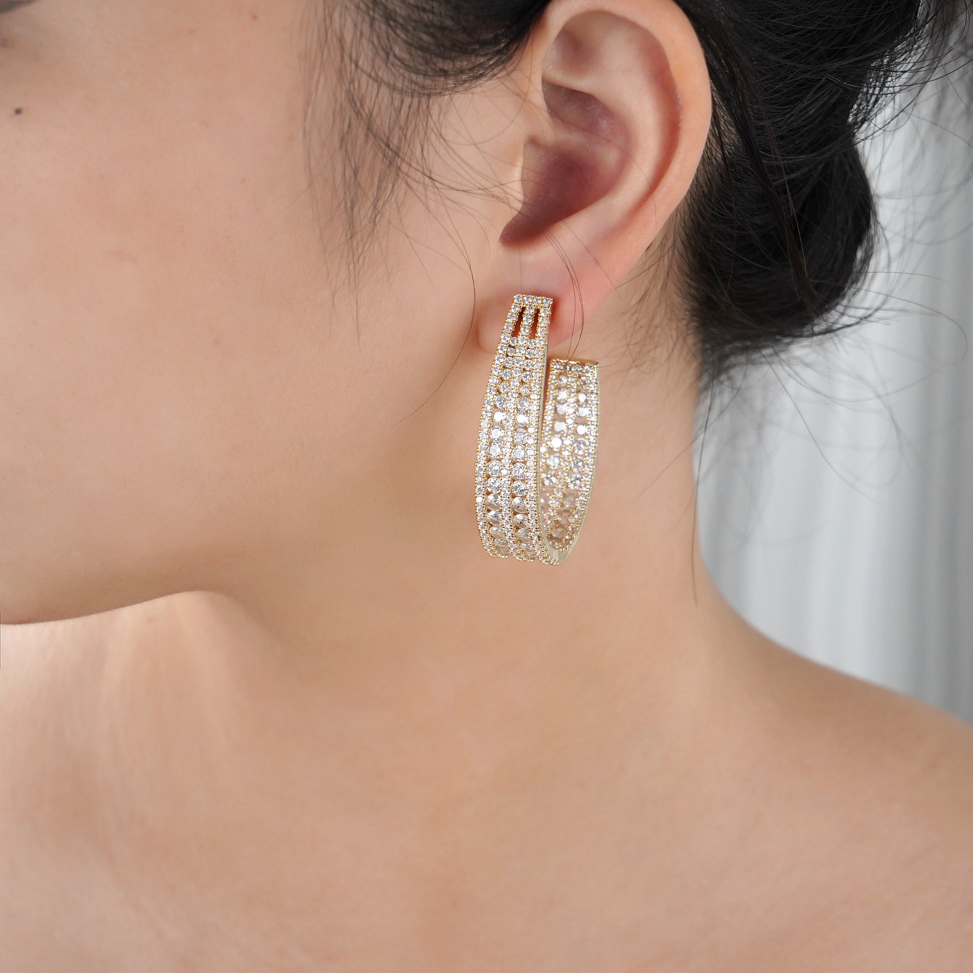 Inside out Statement Hoop Earring with Simulated Diamond in Brass in Yellow Gold plating and Silver post- Stars and Vogue