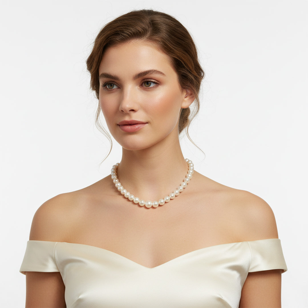Woman wearing a pearl necklace