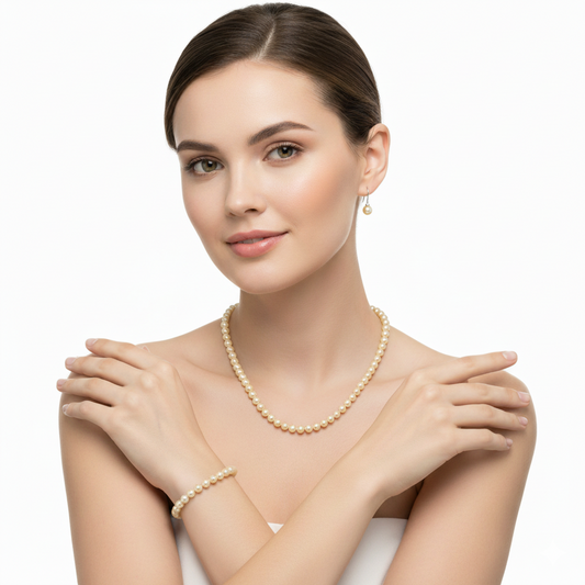 Woman wearing a pearl necklace and bracelet on a white background