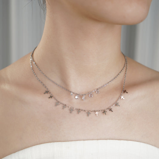 Cross Charm Layered Necklace with Diamond Simulated in Stainless Steel 18"+2" extender- Stars and Vogue