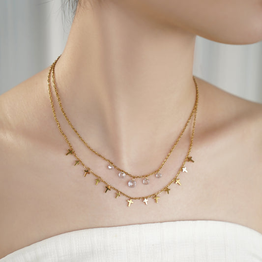 Cross Charm Layered Necklace with Diamond Simulated in Stainless Steel in IP Yellow Gold 18"+2" extender- Stars and Vogue