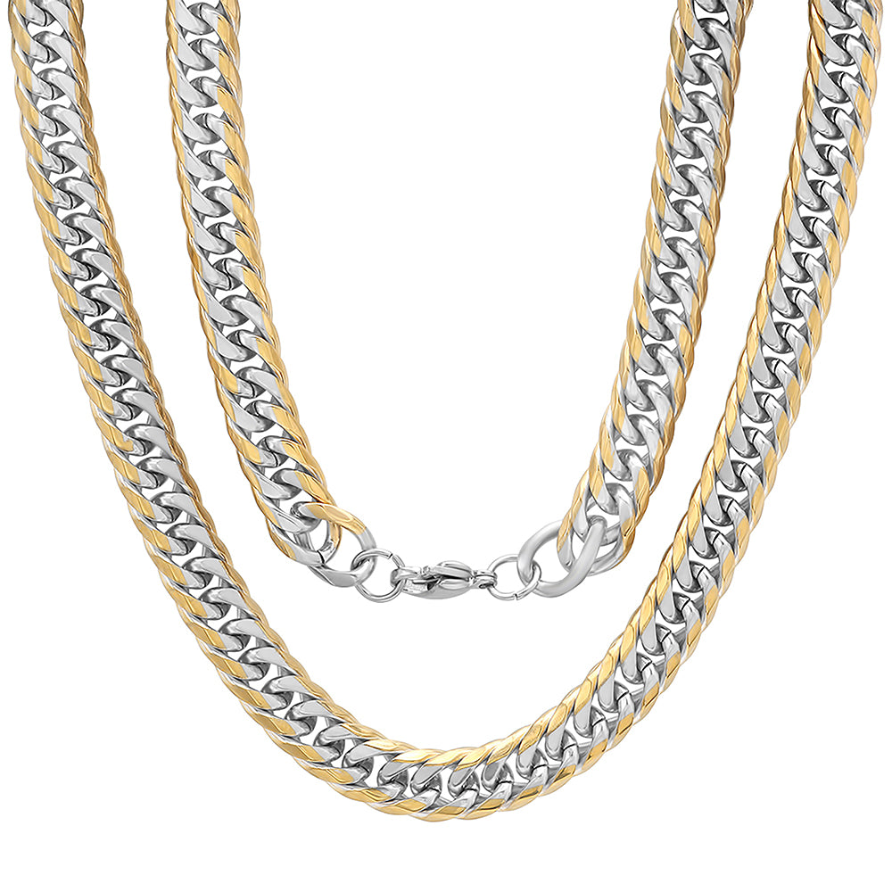 An 18Kt IP plated two-tone stainless steel chain necklace with gold and silver colors, featuring a lobster clasp closure.