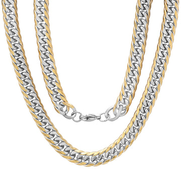 An 18Kt IP plated two-tone stainless steel chain necklace with gold and silver colors, featuring a lobster clasp closure.