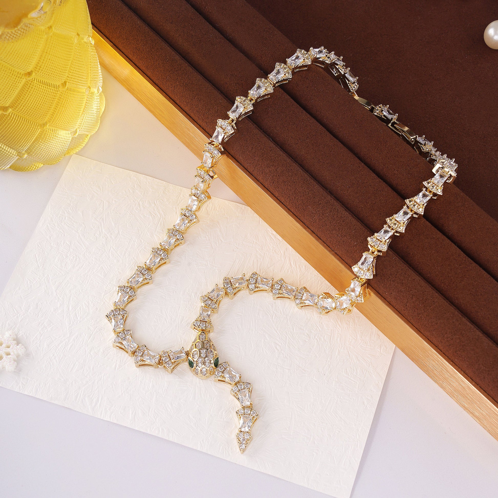Statement Snake Necklace in Pave Simulated Diamond in Yellow Gold Over Brass 17"and Extender- Stars and Vogue