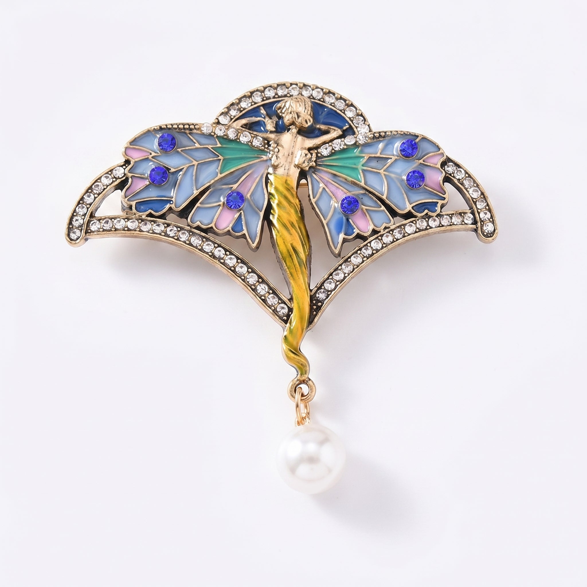 Gold Art Nouveau Angel Brooch with Enamel Wings, Crystal & Pearl Dangle — Statement Lapel Pin for Women