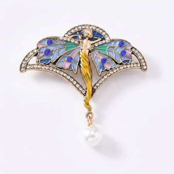 Gold Art Nouveau Angel Brooch with Enamel Wings, Crystal & Pearl Dangle — Statement Lapel Pin for Women