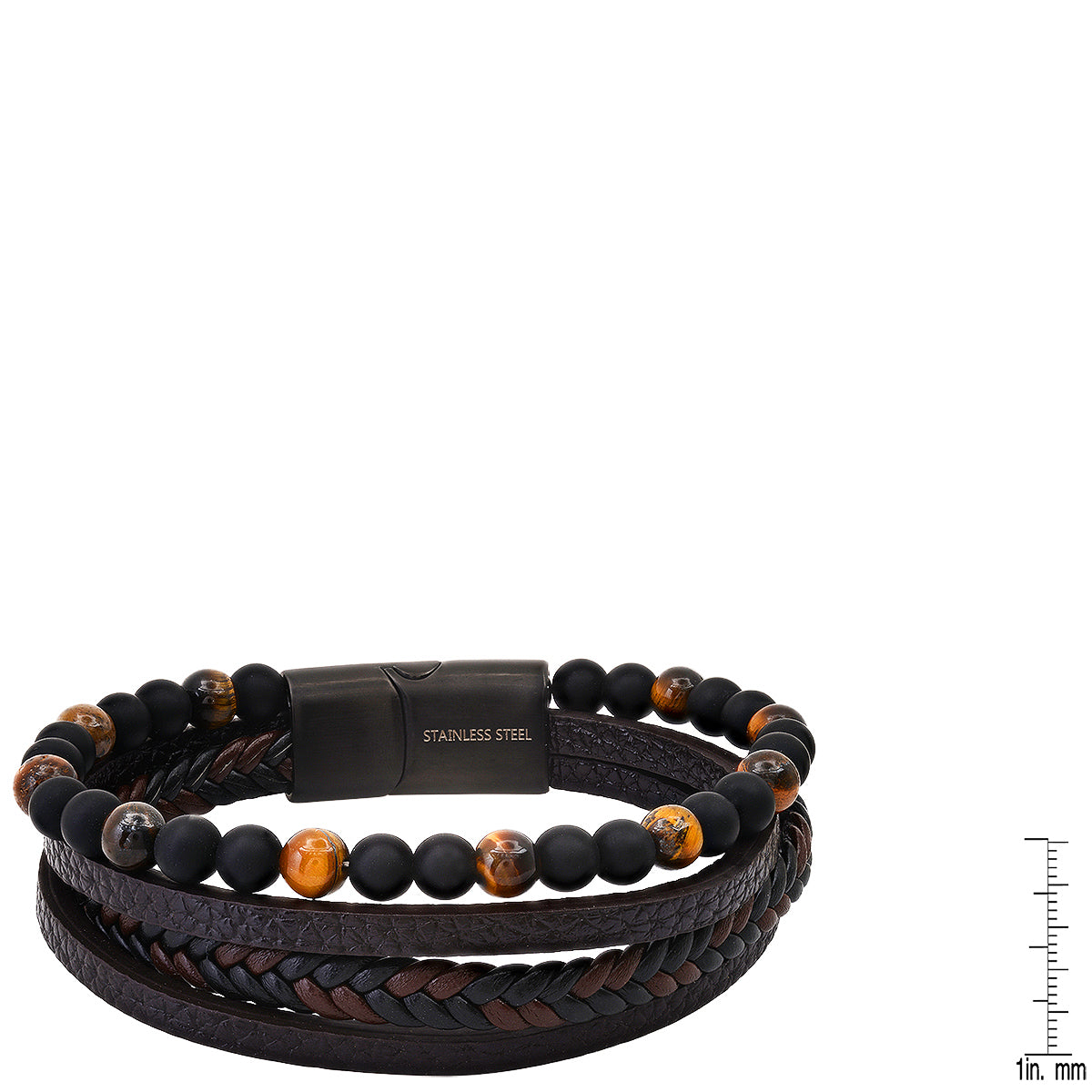 black IP stainless steel magnetic clasp and the porous texture of the natural lava beads.