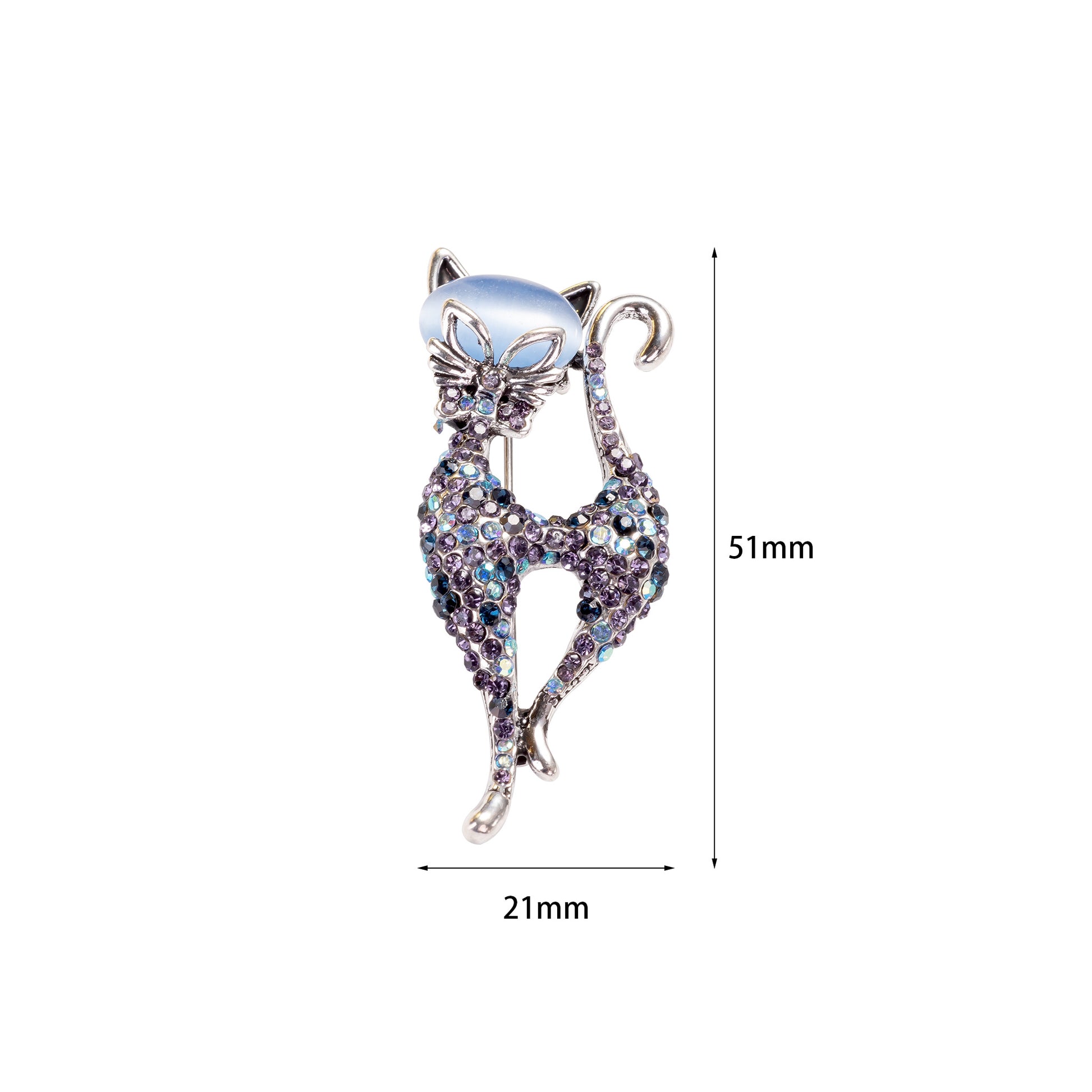 blue cat's eye cat brooch pin with silver-tone metal finish