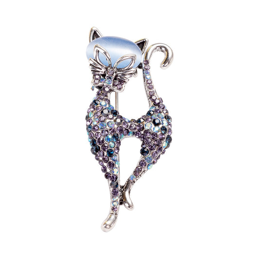 blue cat's eye cat brooch pin with silver-tone metal finish