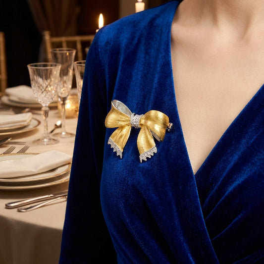 Gold Bow Brooch with CZ Accents — Classic Statement Lapel Pin for Women