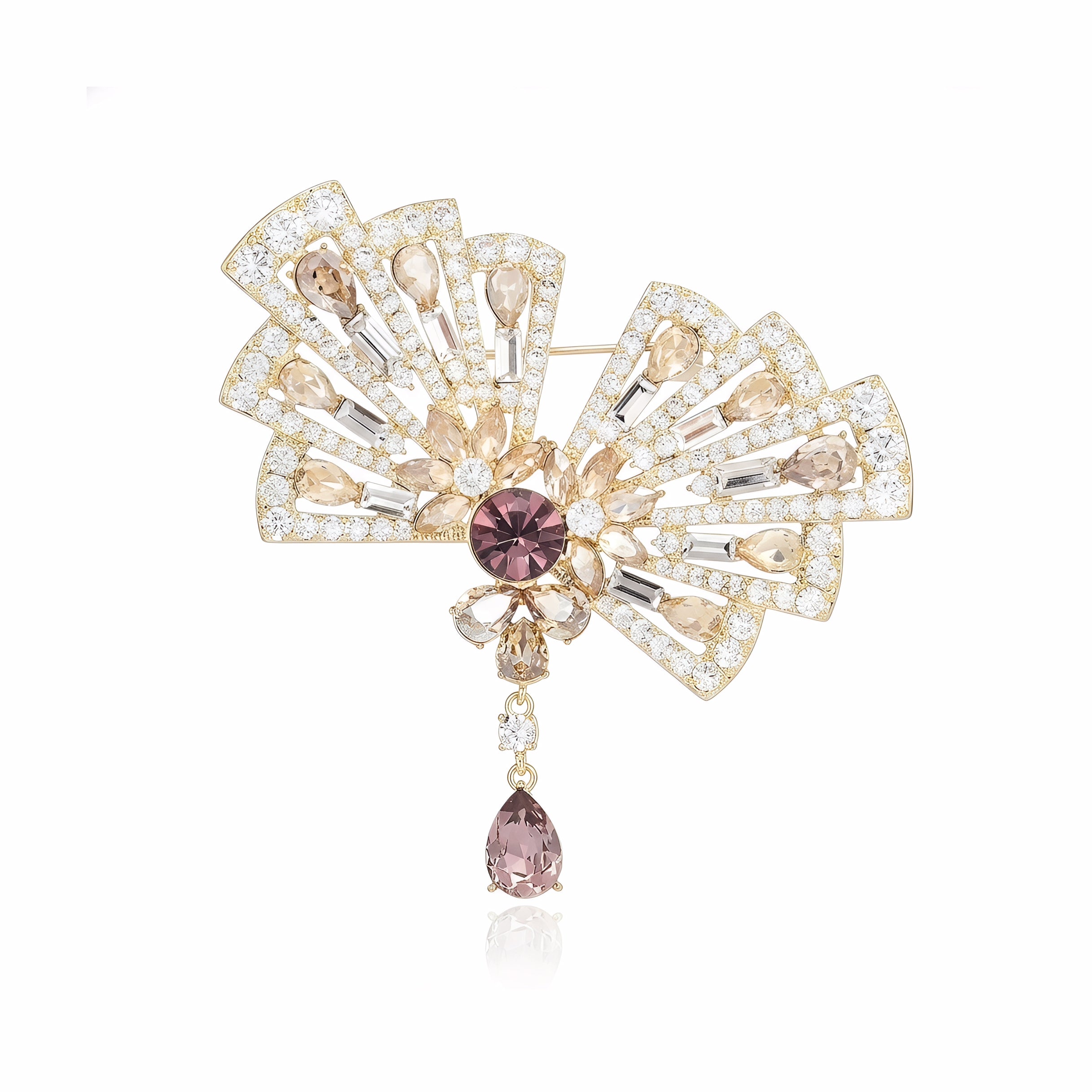 Gold Vintage Bow Brooch with Champagne CZ, Amethyst Crystal & Teardrop Dangle — Statement Lapel Pin for Women