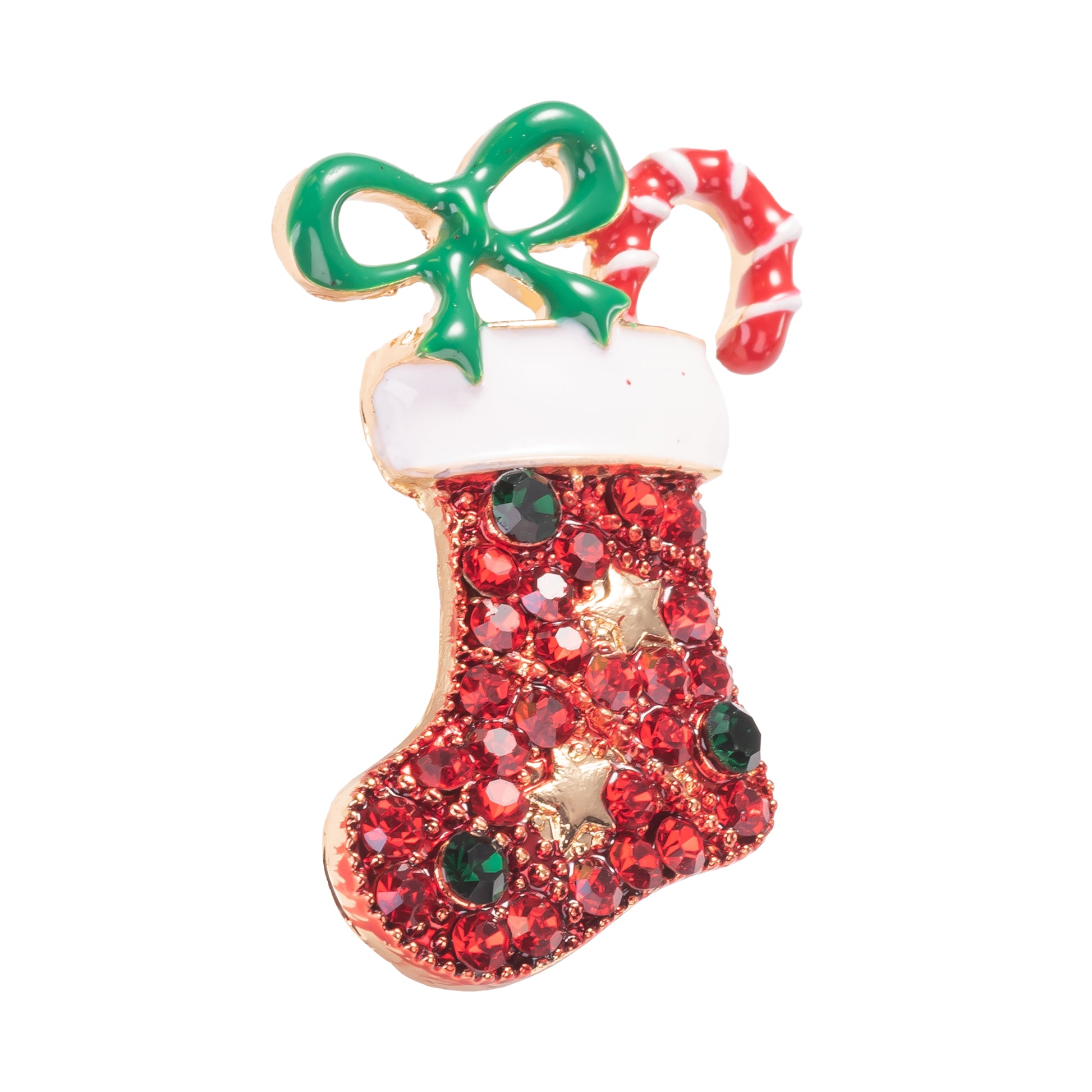 red enamel Christmas stocking brooch pin with red crystal accents