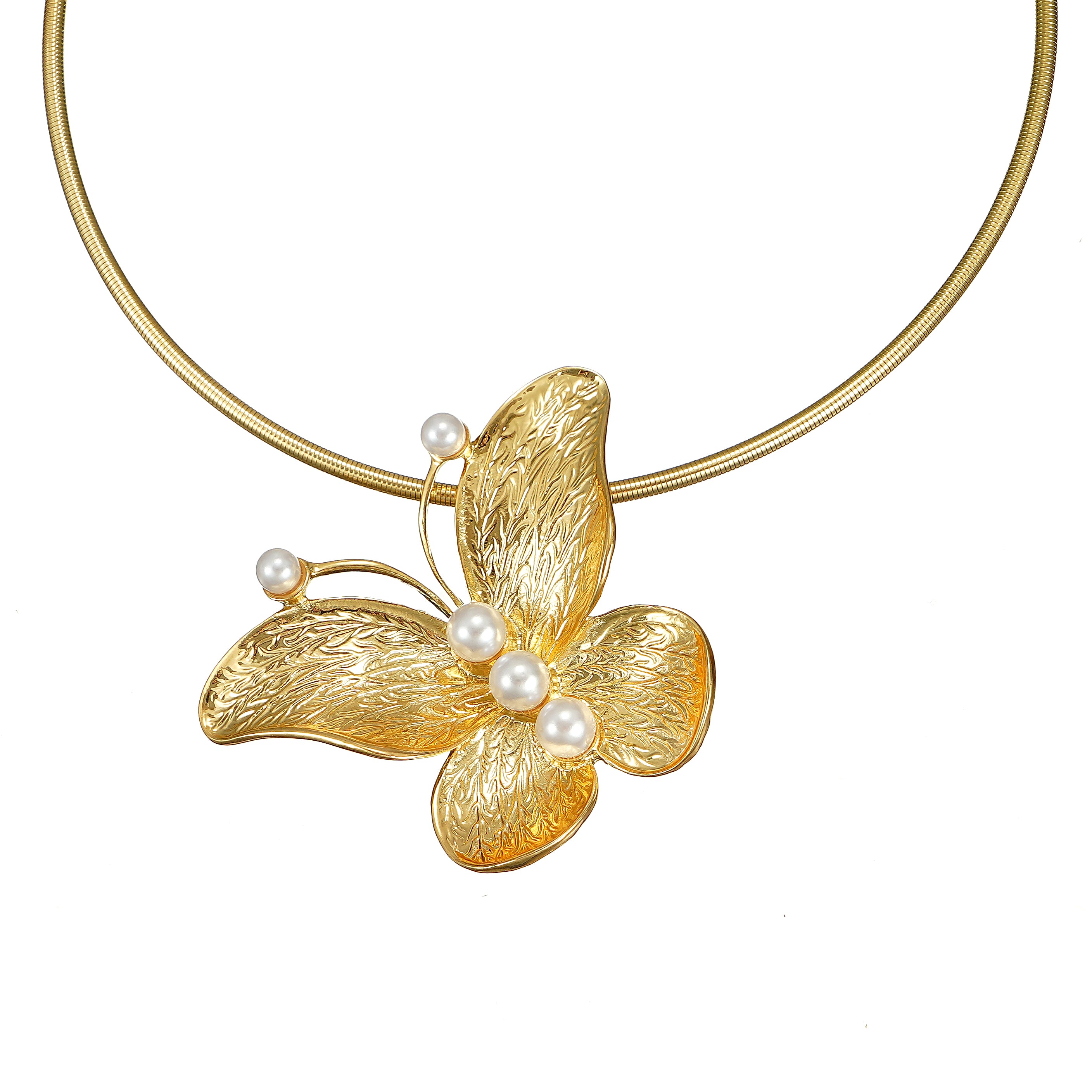 Gold butterfly necklace with pearl accents on a white background