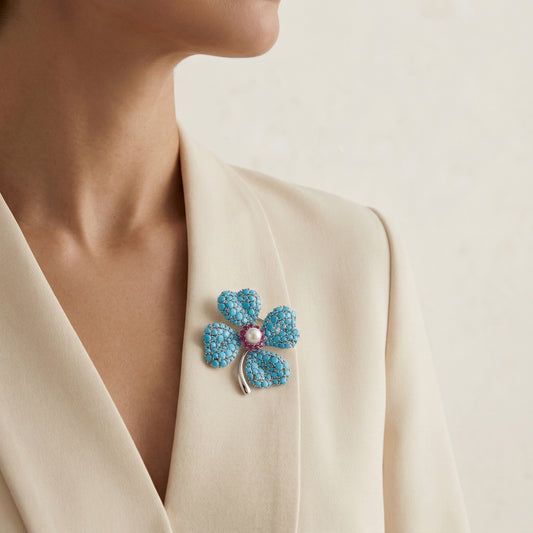 Silver Clover Brooch with Turquoise, Simulated Ruby & Pearl - Statement Lapel Pin for Women
