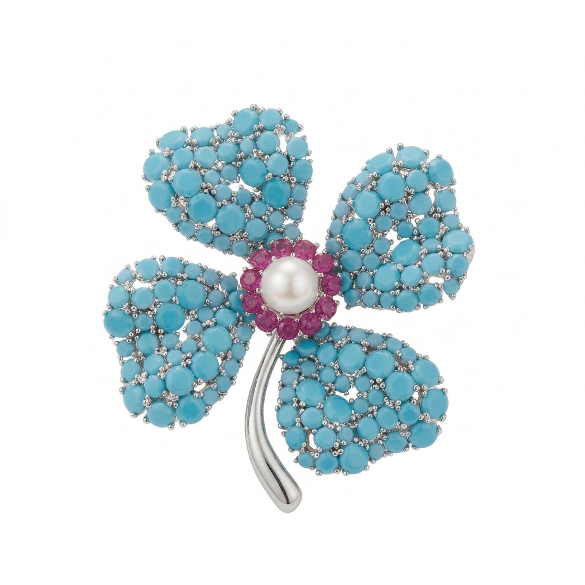 Silver Clover Brooch with Turquoise, Simulated Ruby & Pearl - Statement Lapel Pin for Women