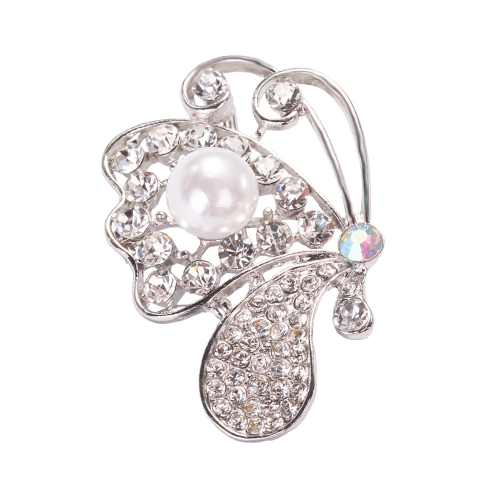 crystal butterfly brooch pin with pearl center