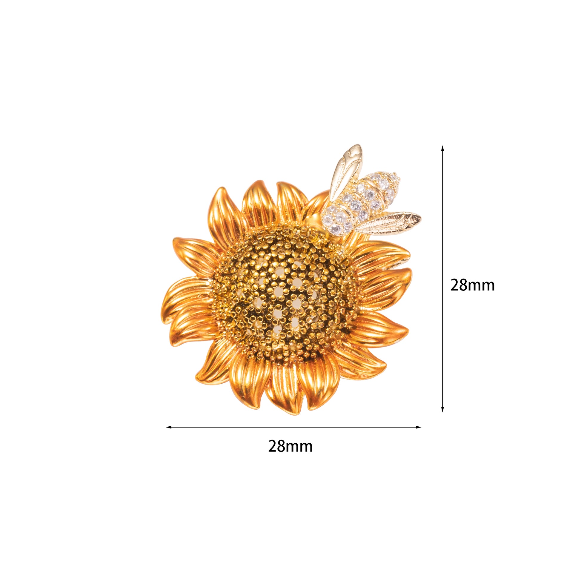 A brooch pin featuring a sunflower with a bee on top, made with cubic zirconia.