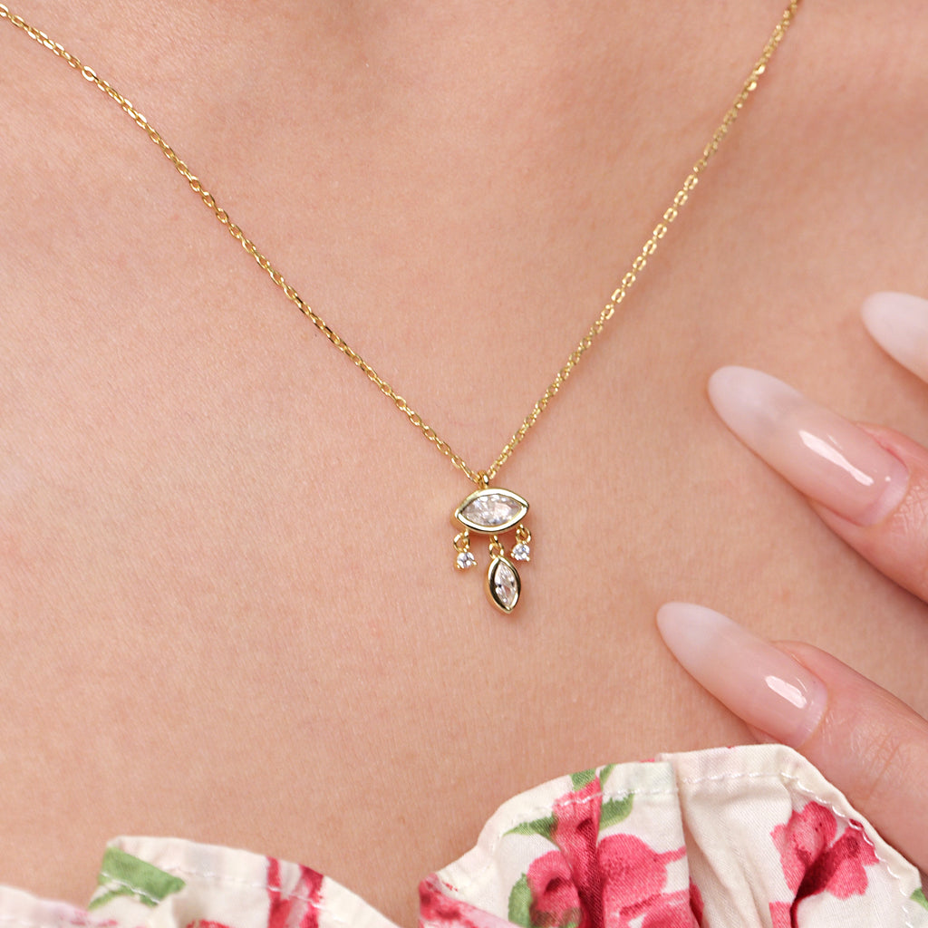 dainty dangling marquise cut CZ pendant necklace in yellow gold over sterling silver