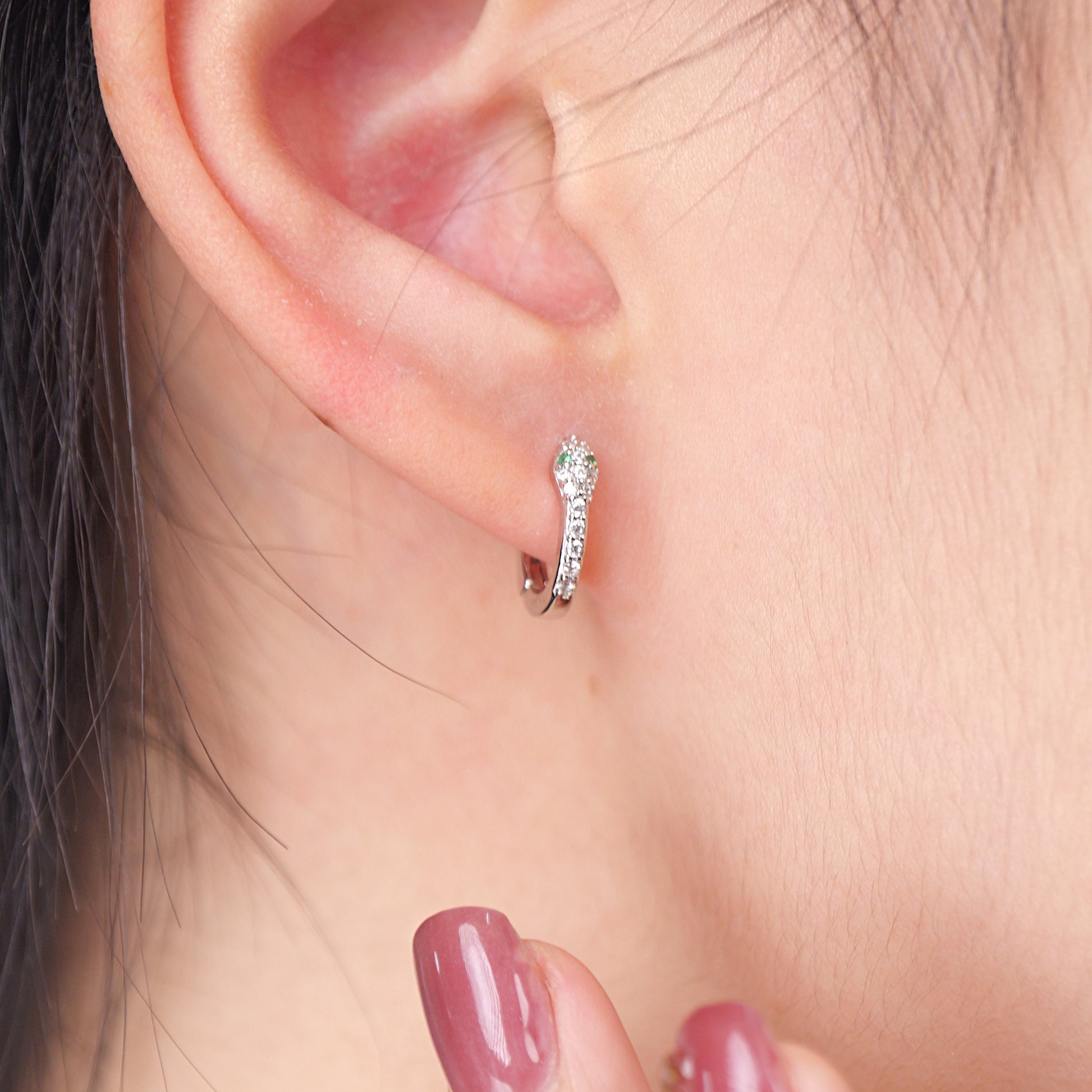 dainty snake huggie hoop earrings in 925 sterling silver with red CZ eyes