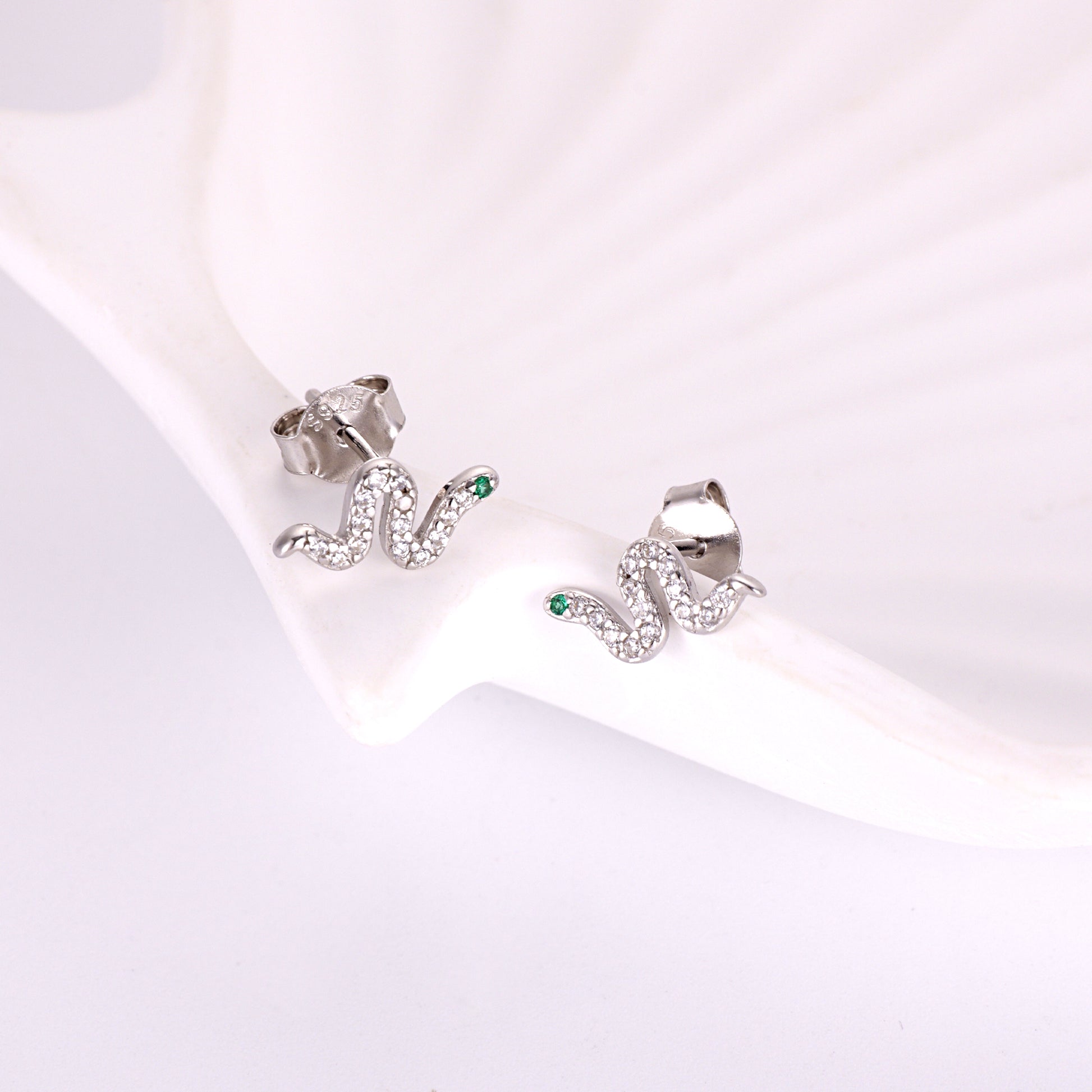 dainty snake stud earrings in 925 sterling silver with sparkling CZ stones