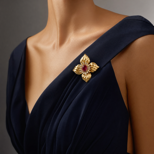 Gold Four-Petal Floral Brooch with Simulated Ruby & CZ - Statement Lapel Pin & Pendant Necklace