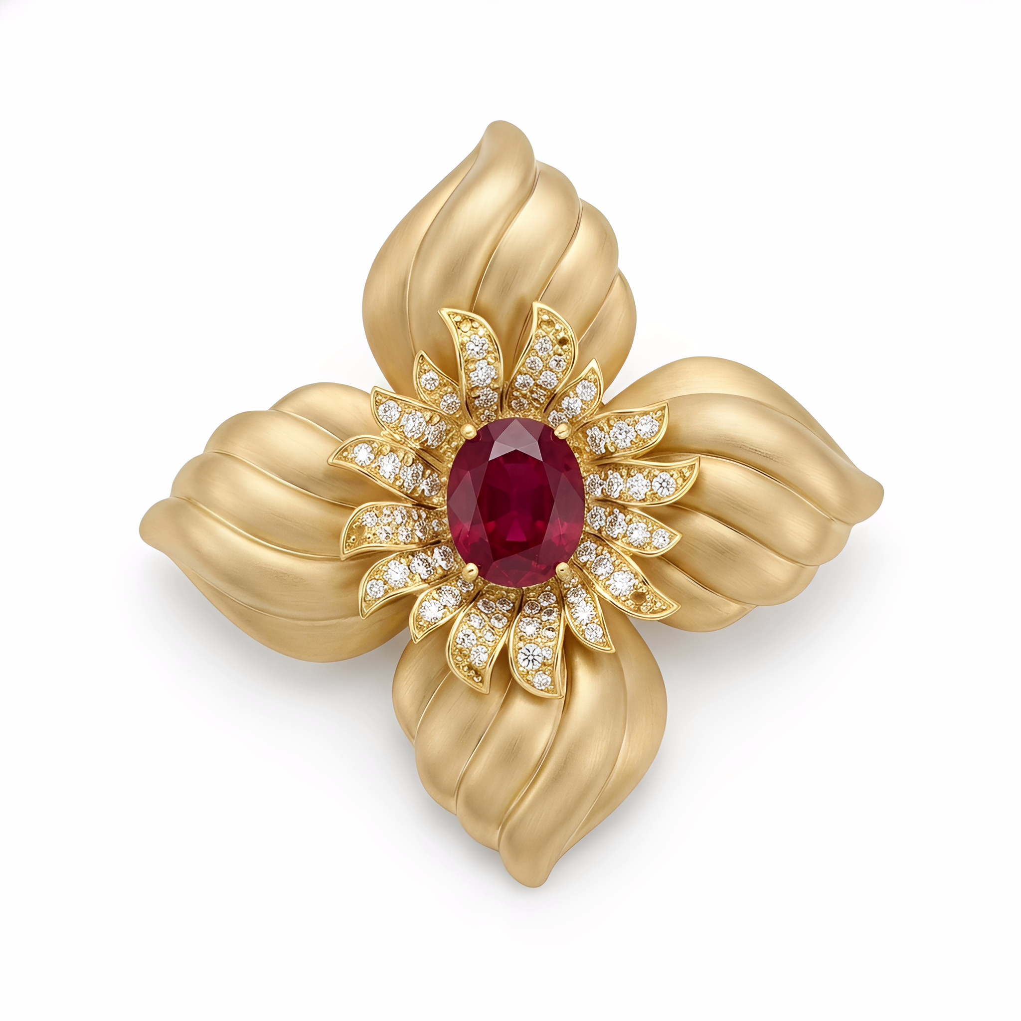 Golden Floral Brooch with Simulated Ruby & CZ - Statement Lapel Pin & Pendant Necklace