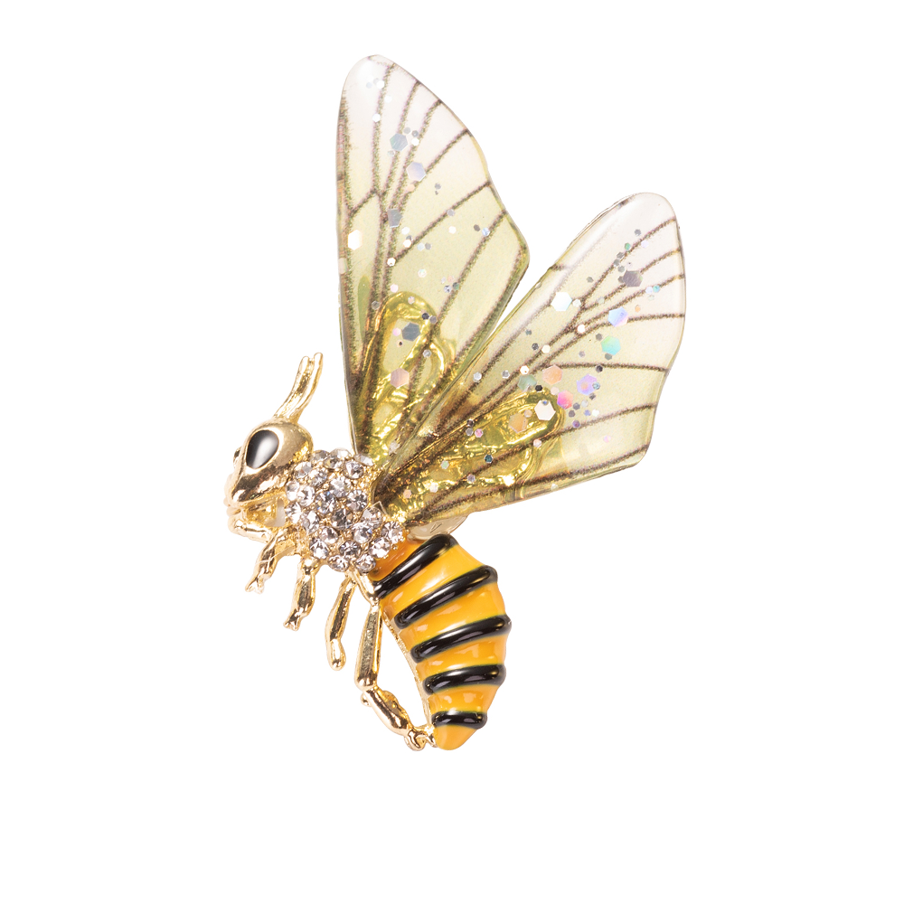 A vibrant green and yellow bee-shaped enamel brooch pin with sparkling accents.