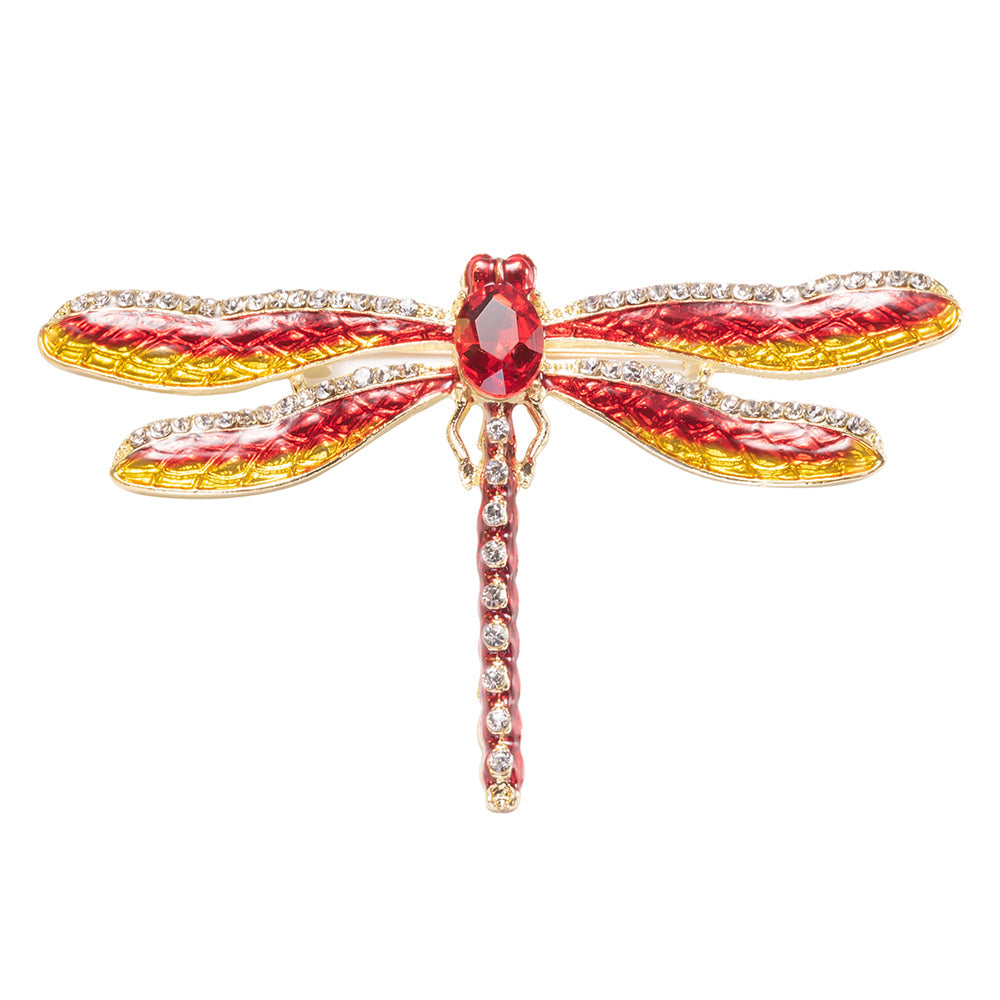 fiery red and orange enamel dragonfly brooch pin with crystal accents