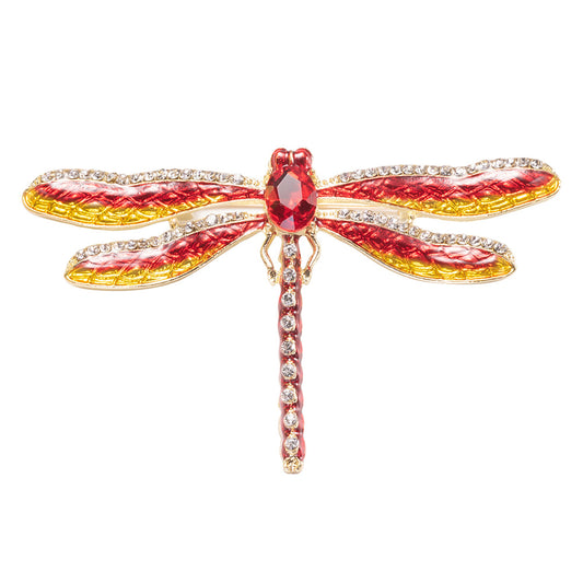 fiery red and orange enamel dragonfly brooch pin with crystal accents