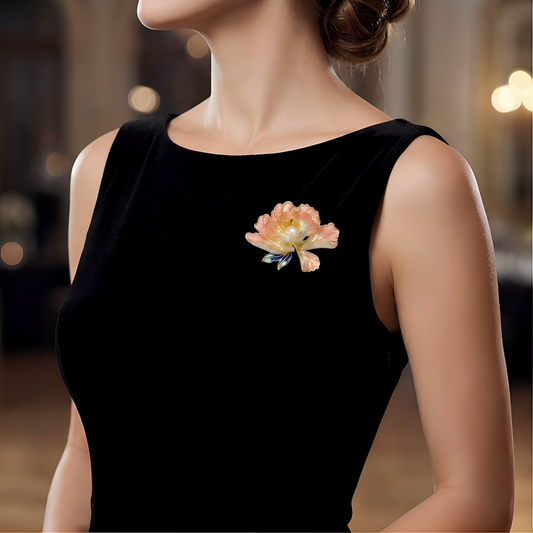 Gold Pink Peony Brooch with Pave CZ, Enamel & Simulated Pearl — Statement Lapel Pin for Women