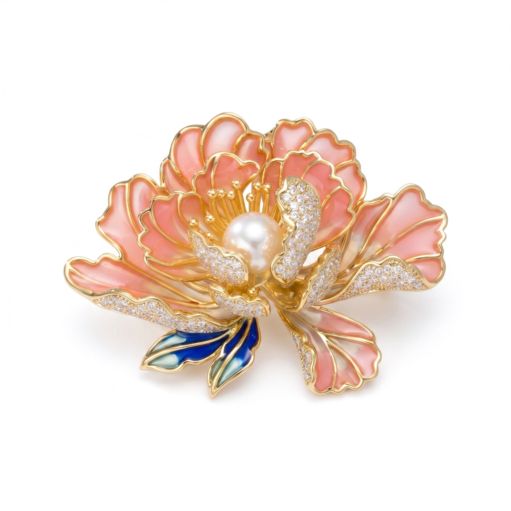Gold Pink Peony Brooch with Pave CZ, Enamel & Simulated Pearl — Statement Lapel Pin for Women