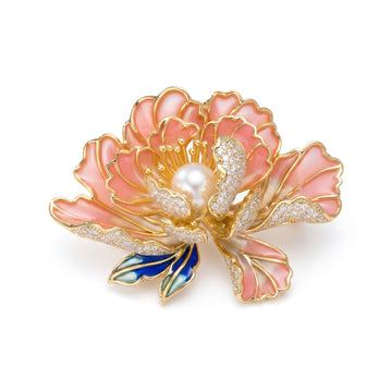 Gold Pink Peony Brooch with Pave CZ, Enamel & Simulated Pearl — Statement Lapel Pin for Women