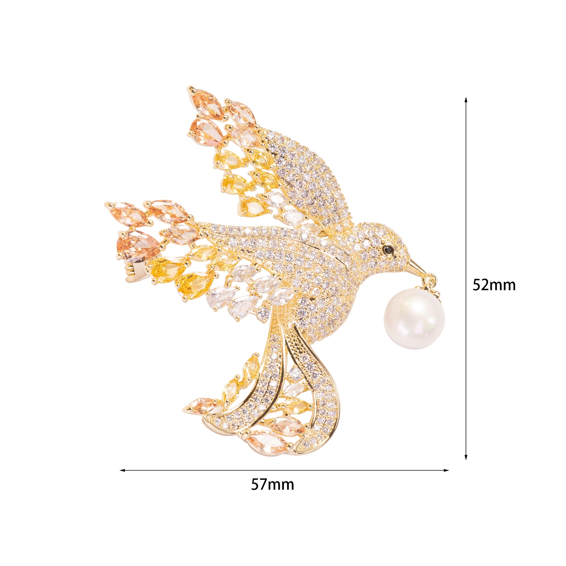 gold dove brooch pinned to a navy blue blazer lapel