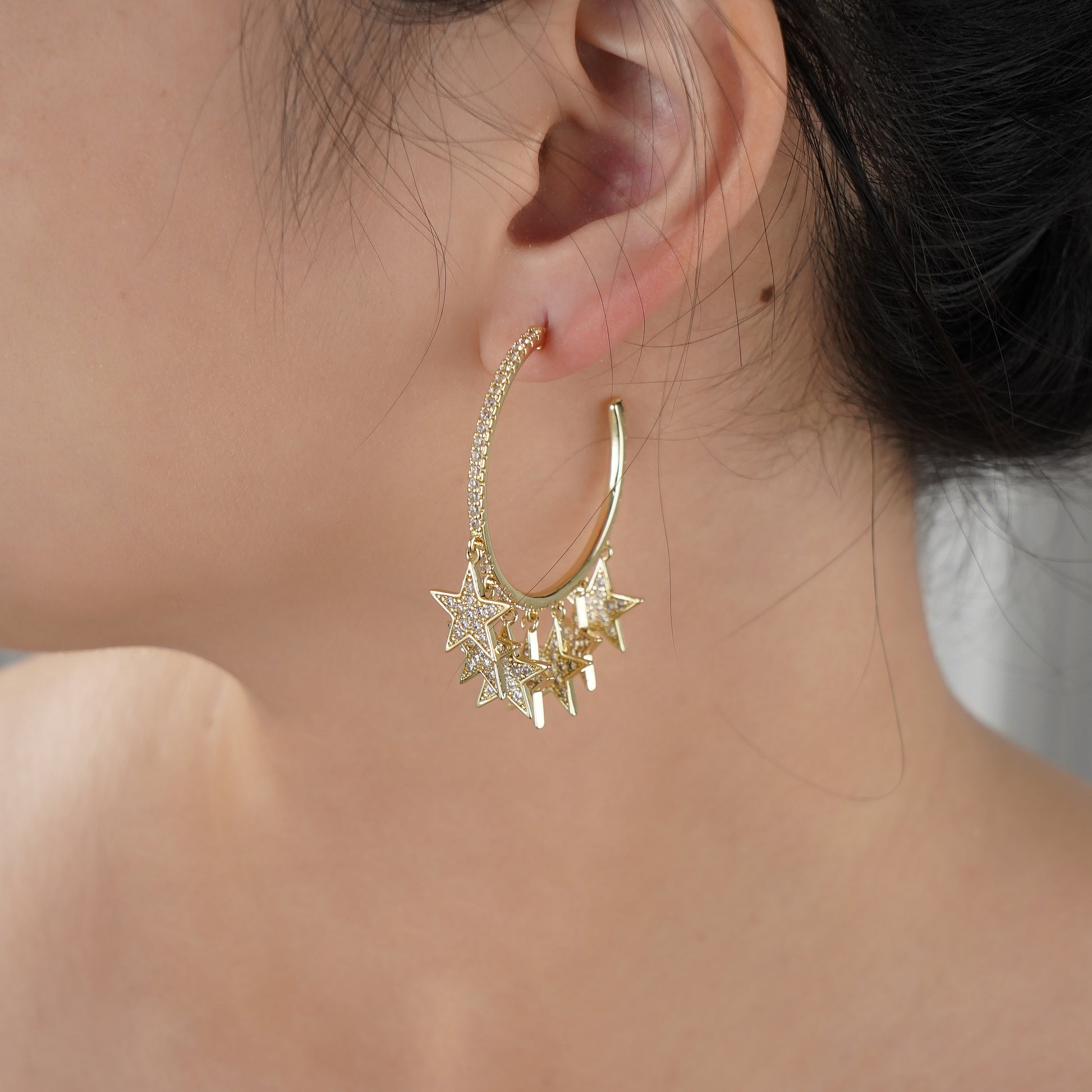 Stars Charm Hoop Earring with Pave Simulated Diamond in Brass and Silver Post in Yellow Gold Plating- Stars and Vogue