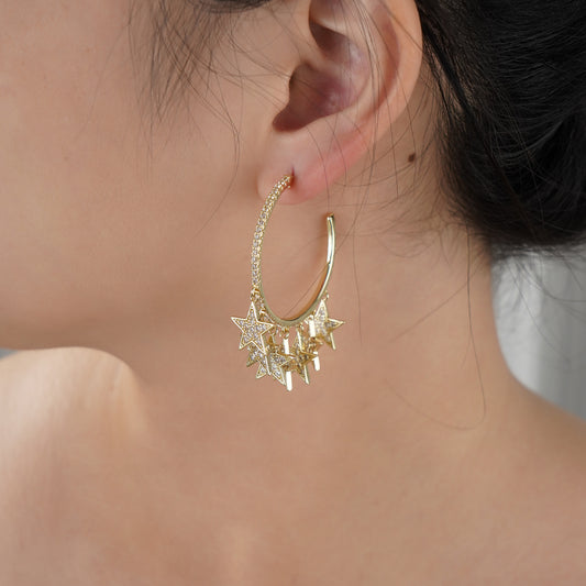 Stars Charm Hoop Earring with Pave Simulated Diamond in Brass and Silver Post in Yellow Gold Plating- Stars and Vogue